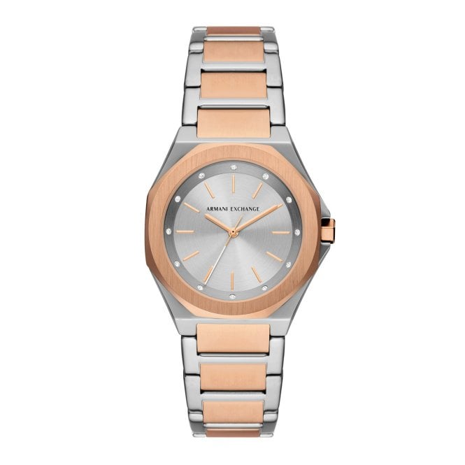 Armani Exchange Ladies ANDREA Round Silver Dial 2 Colour Rose Bracelet Watch AX4607