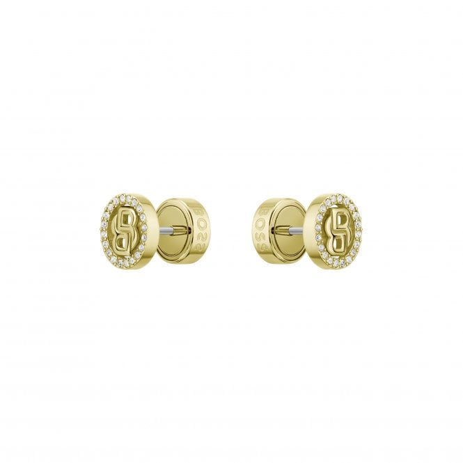 Boss Ladies DOUBLE B DEVINE Stone Set Round Gold Plated Stud Earrings 1580826