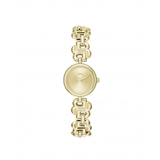 Boss Ladies DOUBLE B Round Gold Dial Gold Plated BB Bracelet Watch 1502794