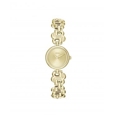 Ladies DOUBLE B Round Gold Dial Gold Plated BB Bracelet Watch 1502794