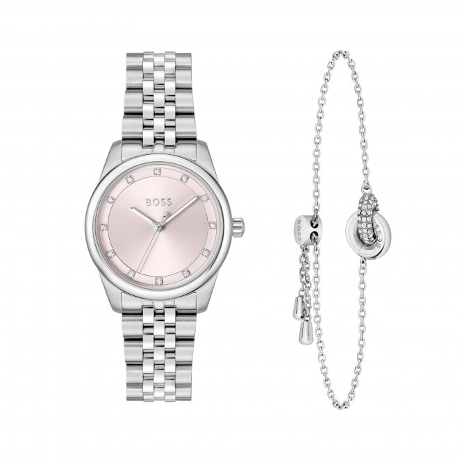 Boss Ladies GRACEFUL PRECIOUS Round Pink Dial Stainless Steel Bracelet Watch & Bracelet Set 1570189
