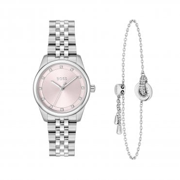 Ladies GRACEFUL PRECIOUS Round Pink Dial Stainless Steel Bracelet Watch & Bracelet Set 1570189