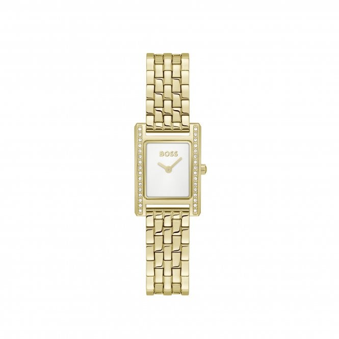Boss Ladies LUCY PRECIOUS Rectangle White Dial Stone Set Bezzel Gold Plated Bracelet Watch 1502815