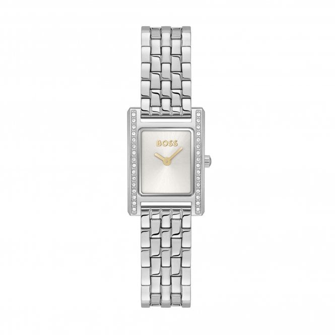Boss Ladies LUCY PRECIOUS Rectangular Silver Dial Stone Set Bezzel Stainless Steel Bracelet Watch 1502816
