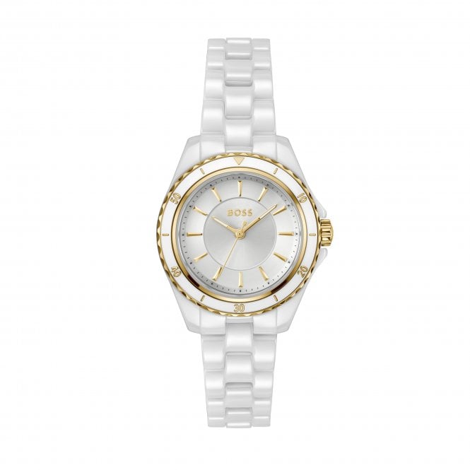 Boss Ladies SAGE AQUA Round White Dial White Ceramic Bracelet Watch 1502850