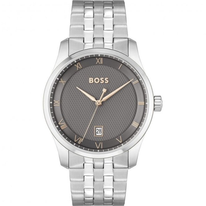 Boss Men PRINCIPLE Round Grey Date Dial Stainless Steel Bracelet Watch 1514116