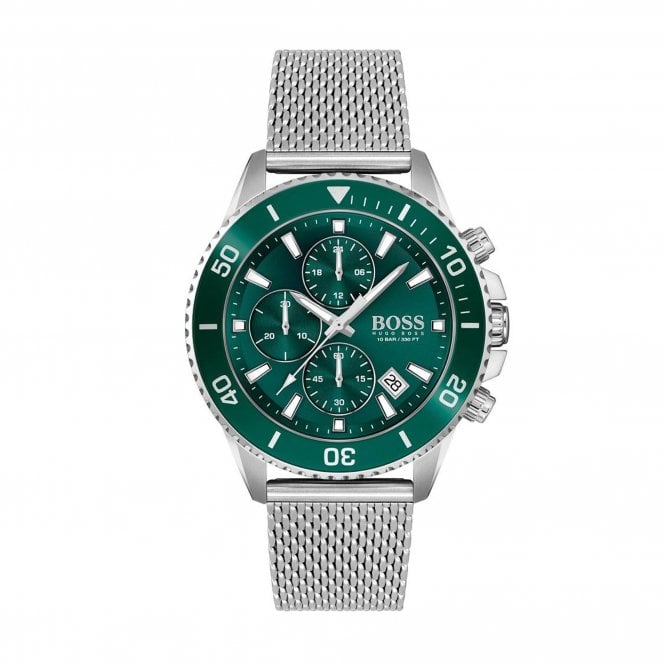 Boss Mens Admiral Athleisure Round Green Dial Stainless Steel Mesh Bracelet Watch 1513905