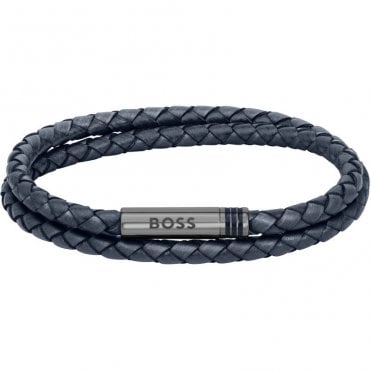 Mens ARES Blue Leather Double Leather Wrap Bracelet  With Grey IP Fastener 1580494M