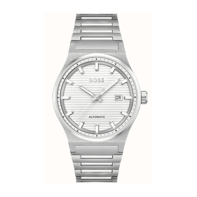 Boss Mens CANDOR AUTOMATIC Round White Date Dial Stainless Steel Bracelet Watch 15144186