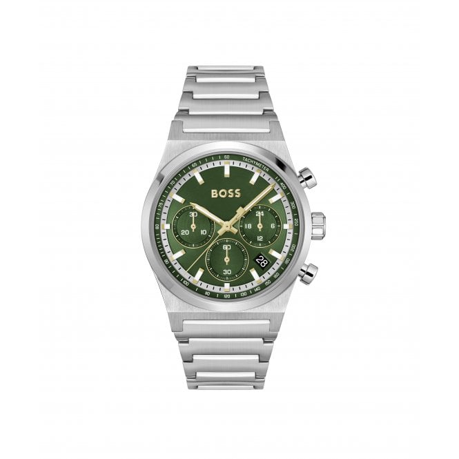 Boss Mens CANDOR CHRONO Round Green Chronograph Dial Stainless Steel Bracelet watch 1514220