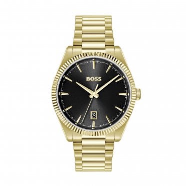 Mens CHESWICK Round Black Date Dial Fluted Bezel Gold Plated Bracelet Watch 1514312