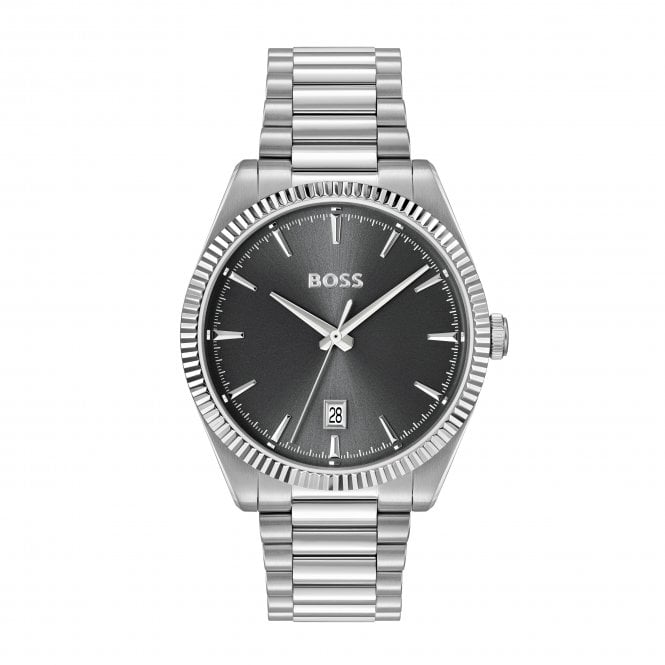 Boss Mens CHESWICK Round Black Date Dial Fluted Bezel Stainless Steel Bracelet Watch 1514310