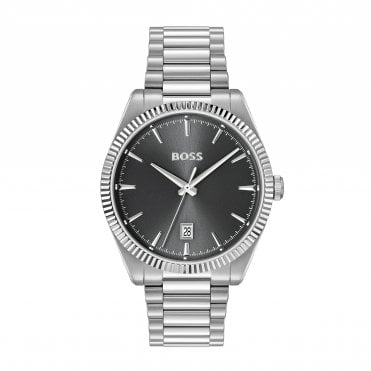 Mens CHESWICK Round Black Date Dial Fluted Bezel Stainless Steel Bracelet Watch 1514310