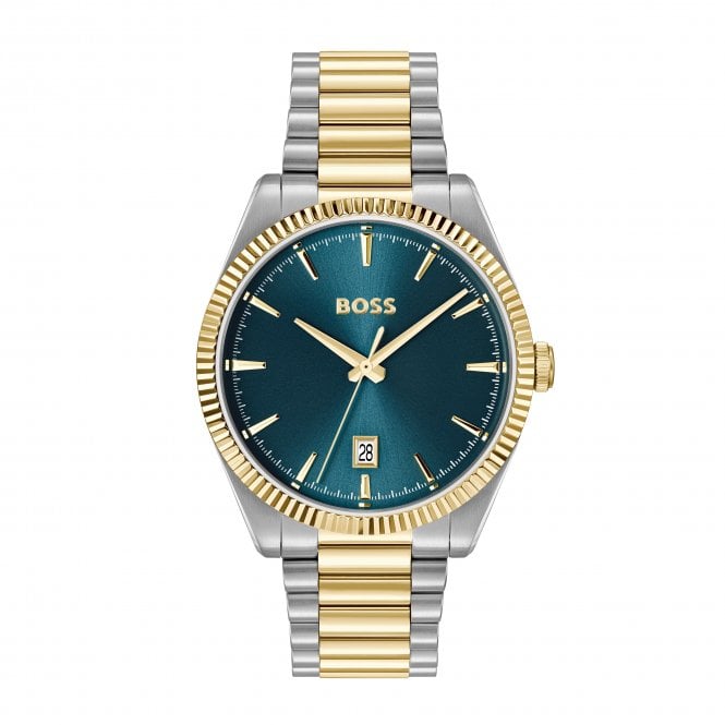Boss Mens CHESWICK Round Blue Date Dial Fluted Bezel 2 Colour Bracelet Watch 1514311
