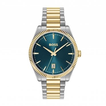 Mens CHESWICK Round Blue Date Dial Fluted Bezel 2 Colour Bracelet Watch 1514311