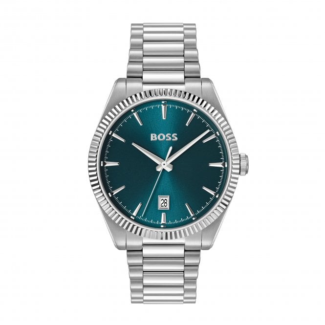 Boss Mens CHESWICK Round Turquoise Date Dial Fluted Bezel Stainless Steel Bracelet Watch 1514309
