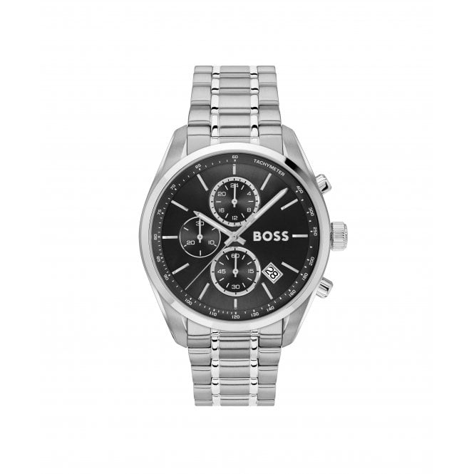 Boss Mens GRAND PRIX 44 Round Black Chronograph Dial Stainless Steel Bracelet Watch 1514251