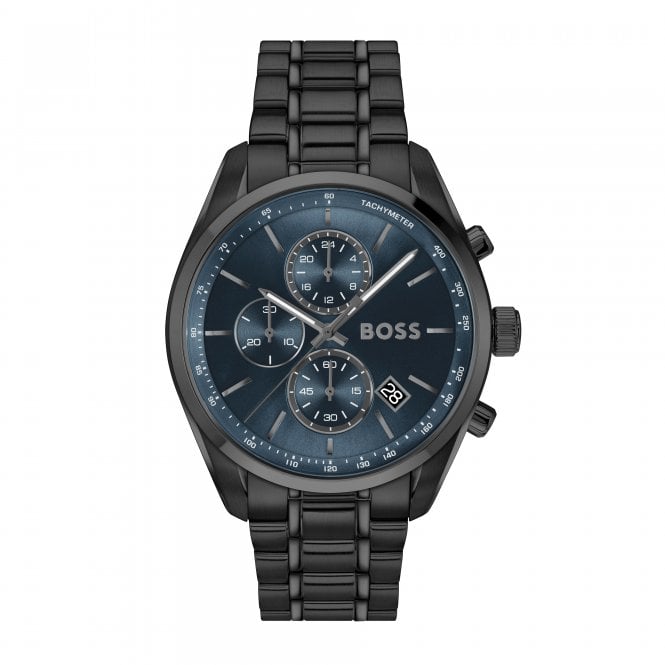 Boss Mens GRAND PRIX Round Navy Chronograph Dial Black IP Bracelet Watch 1514314