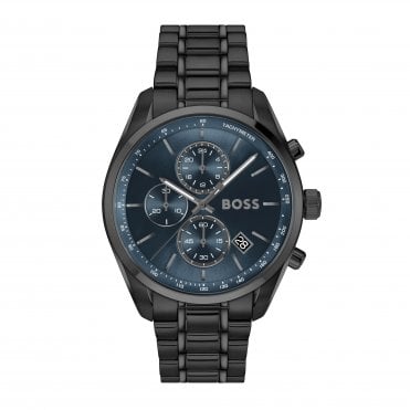 Mens GRAND PRIX Round Navy Chronograph Dial Black IP Bracelet Watch 1514314