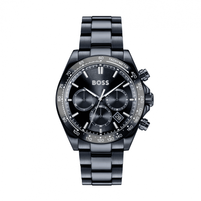 Boss Mens HERO 2.0 Round Blue Black Chronograph Dial Black IP Bracelet Watch 1514270