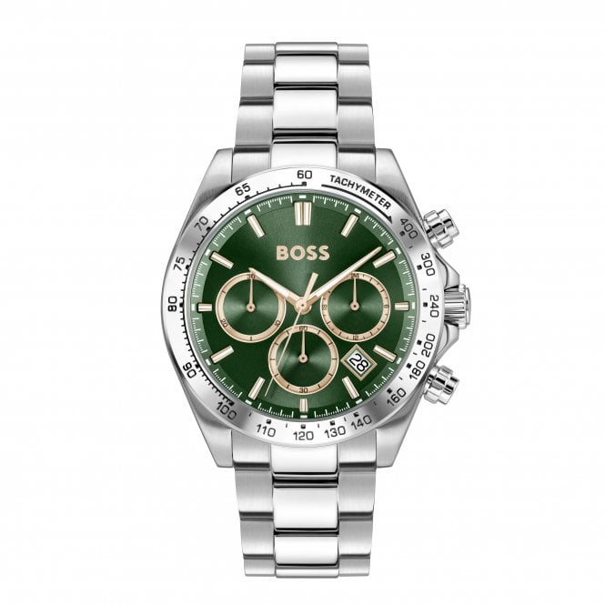 Boss Mens HERO 2.0 Round Green Chronograph Dial Stainless Steel Bracelet Watch 1514268