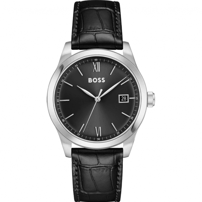 Boss Mens LANGFORD Round Black Dial Black Strap Watch 1514356