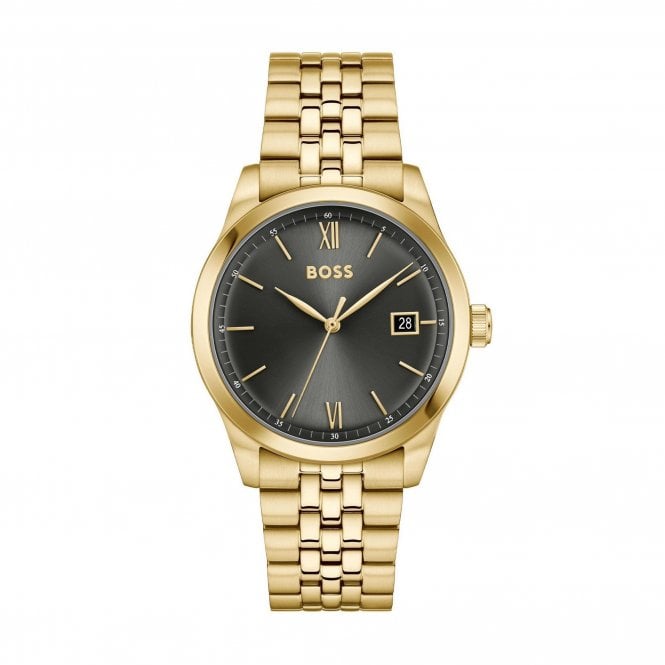 Boss Mens LANGFORD Round Black Dial Gold Plated Bracelet Watch 1514359