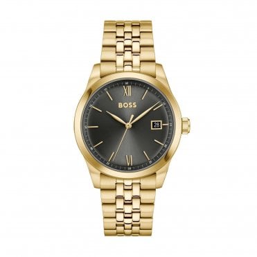 Mens LANGFORD Round Black Dial Gold Plated Bracelet Watch 1514359