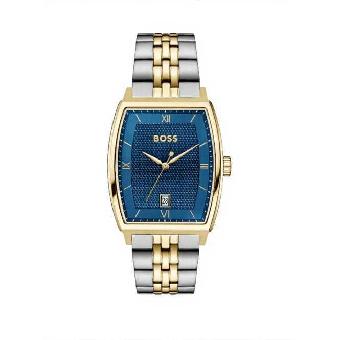 Boss Mens PRINCIPLE Rectangle Blue Dial Two Tone Bracelet Watch 1514354