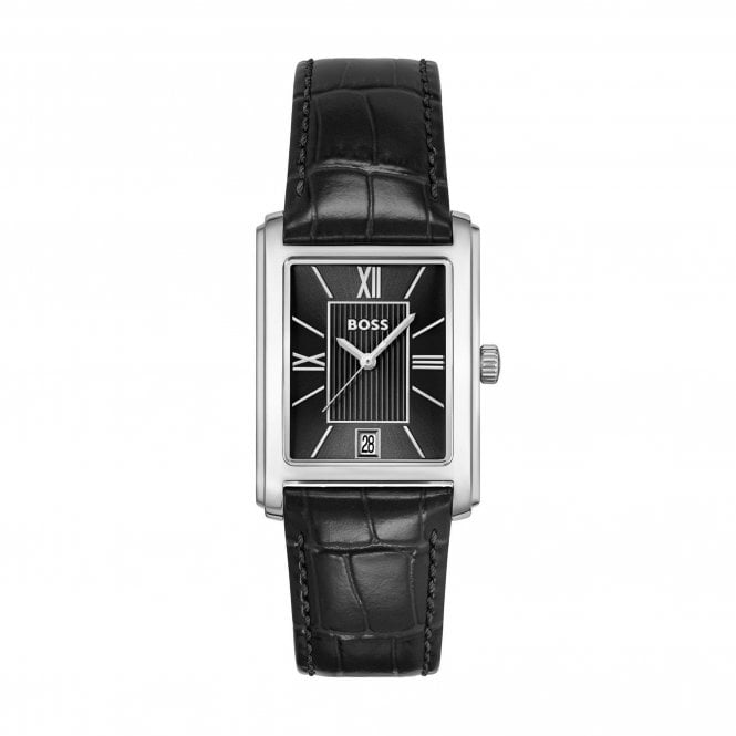 Boss Mens PRINCIPLE Rectangular Black Date Dial Black Strap Watch 1514277