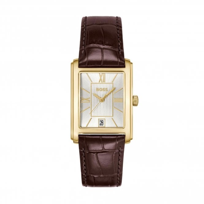Boss Mens PRINCIPLE Rectangular Silver Dial Brown Strap Watch 1514300