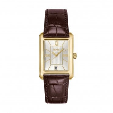 Mens PRINCIPLE Rectangular Silver Dial Brown Strap Watch 1514300