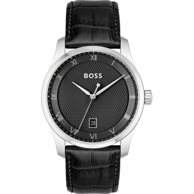 Boss Mens PRINCIPLE Round Black Date Dial Black Leather Strap Watch 1514122