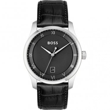 Mens PRINCIPLE Round Black Date Dial Black Leather Strap Watch 1514122