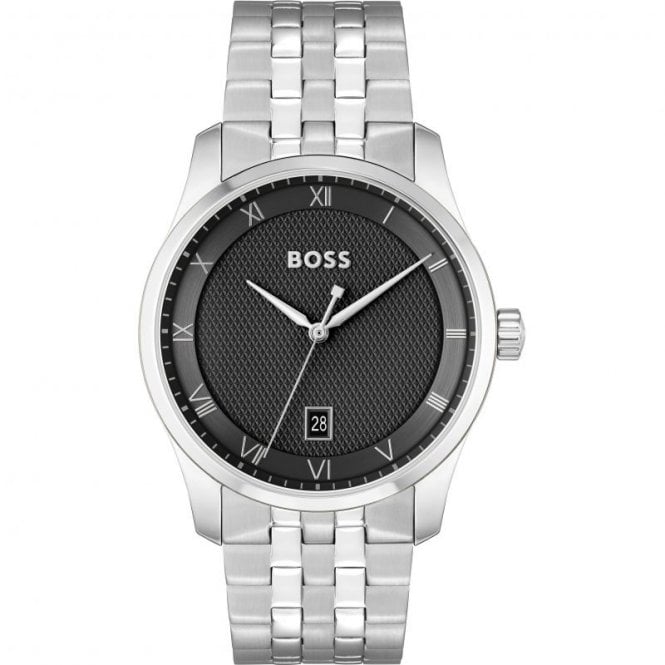 Boss Mens PRINCIPLE Round Black Date Dial Stainless Steel Bracelet Watch 1514123