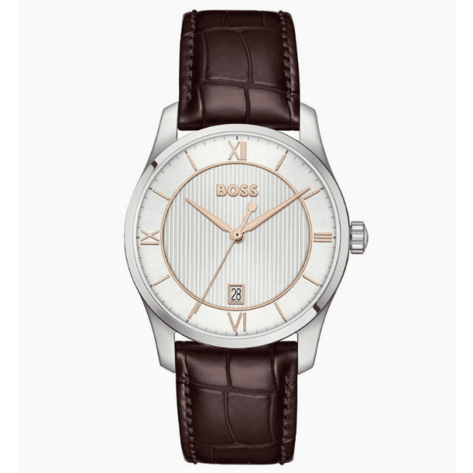 Boss Mens PRINCIPLE Round White Date Dial Brown Strap Watch 1514363