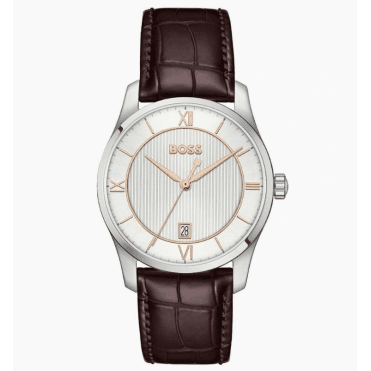 Mens PRINCIPLE Round White Date Dial Brown Strap Watch 1514363