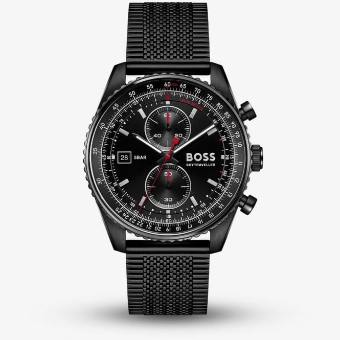 Boss Mens SKY TRAVELLER Round Chronograph Black Dial Black Mesh Bracelet Watch 1514348