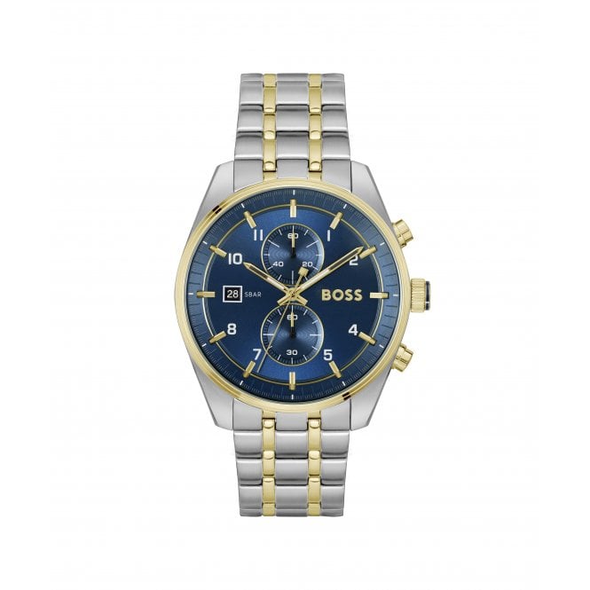 Boss Mens SKYTRAVELLER Round Blue Chronograph Dial 2 Colour Bracelet Watch 1514247