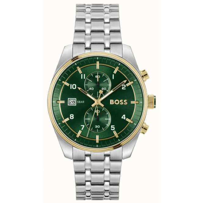Boss Mens SKYTRAVELLER Round Green Chrono Dial Bracelet Watch 1514195