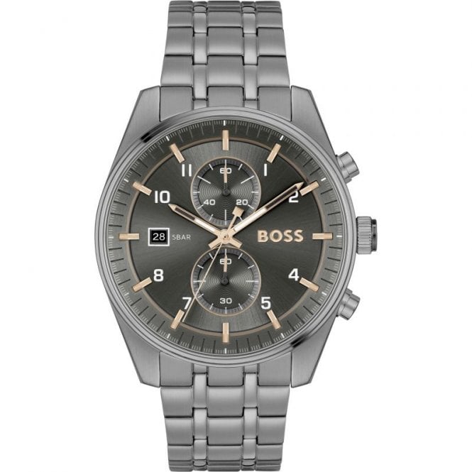 Boss Mens SKYTRAVELLER Round Grey Dial Grey IP Bracelet Watch 1514153