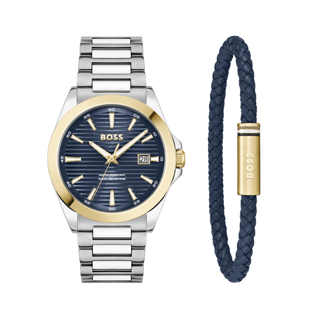 Boss Mens STRIKE Round Blue Dial Gold Plated Bezel Stainless Steel Bracelet Watch & Leather Bracelet Set 1570191