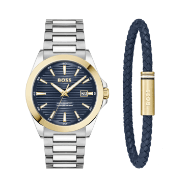 Mens STRIKE Round Blue Dial Gold Plated Bezel Stainless Steel Bracelet Watch & Leather Bracelet Set 1570191