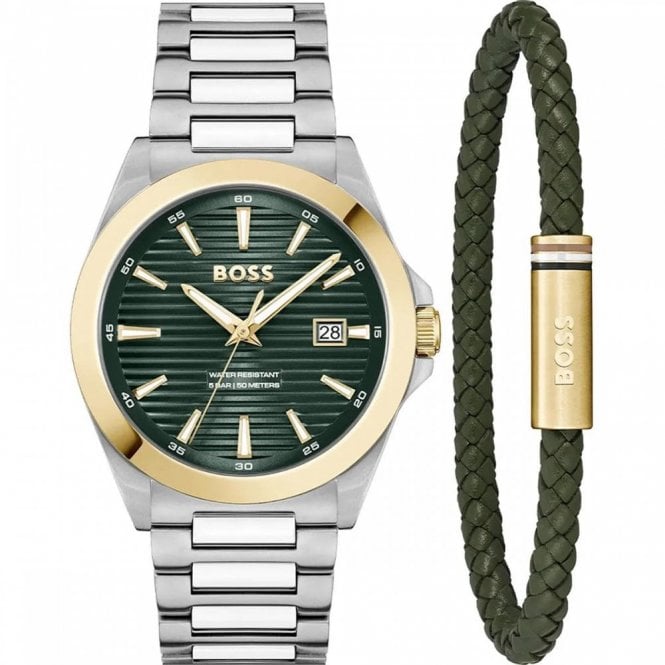 Boss Mens STRIKE Round Green Dial Gold Plated Bezel with Stainless Steel Bracelet Watch & Green Leather Gold Plated Clasp Bracelet Box Set 1570179