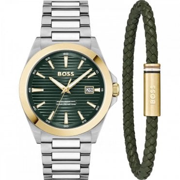 Mens STRIKE Round Green Dial Gold Plated Bezel with Stainless Steel Bracelet Watch  & Green Leather Gold Plated Clasp Bracelet Box Set 1570179