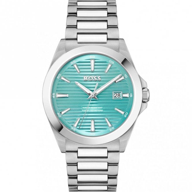 Boss Mens STRIKE Round Turquoise Date Dial Bracelet Watch 15140829