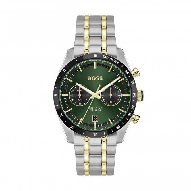 Boss Mens TOURMASTER Round Green Chronograph Dial 2 Colour Bracelet Watch 1514287