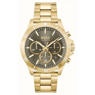Mens #TROPER Green Chronograph Dial Gold Plated Bracelet Watch 1514059