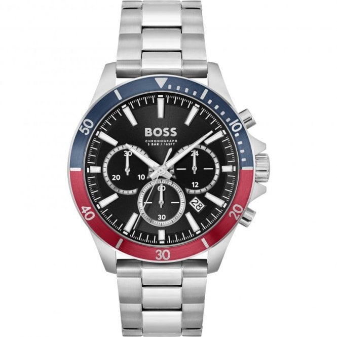Boss Mens TROPER Round Black Chronograph Date Dial Pepsi Style Bezel Stainless Steel Bracelet Watch 1514108