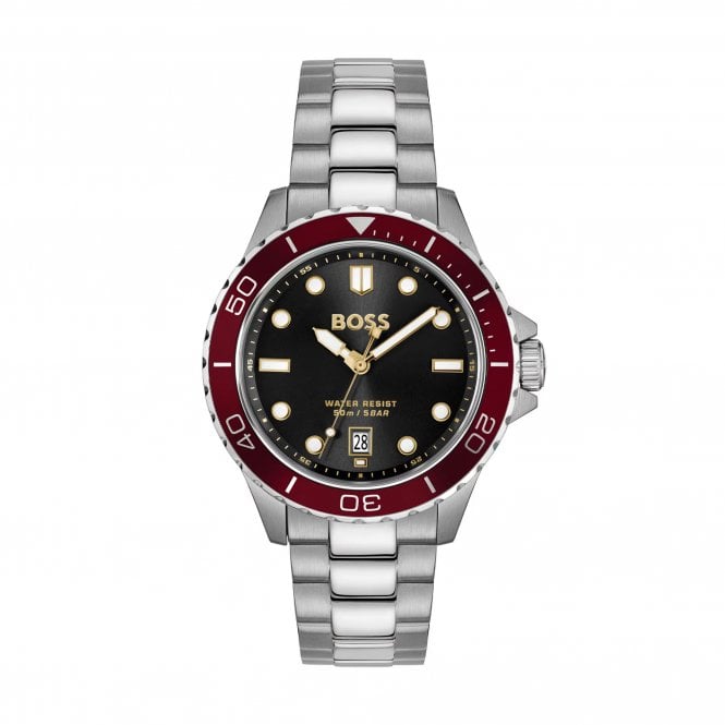 Boss Mens TROPER Round Black Dial Red Bezel Stainless Steel Bracelet Watch 1514304